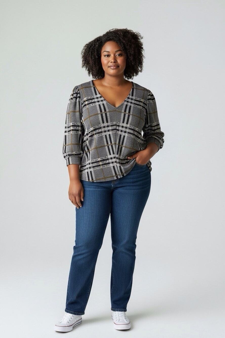 Anthropologie Current Air Striped Plaid V-Neck Grey Blouse Size XL